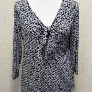 White Stag blue and white pullover v-neck blouse with front tie, large